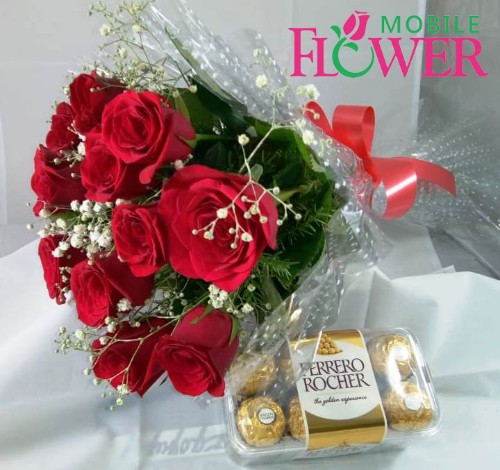 Red roses bunch with imported ferrero rocher chocolate by mobile flower pune